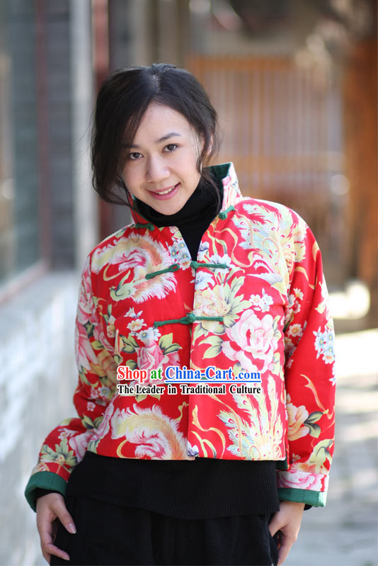 Chinese Classical Lucky Red Handmade Peony Jacket for Women