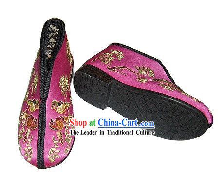 Chinese Traditional Handmade Embroidered Thick Satin Winter Shoes for Children _magpies_