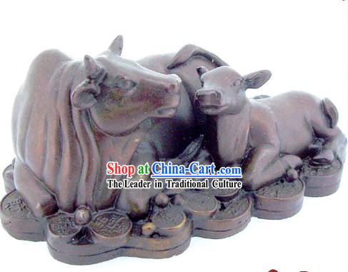 Chinese Classic Kai Guang Money Mother and Baby Brass Cow _increase your good luck_