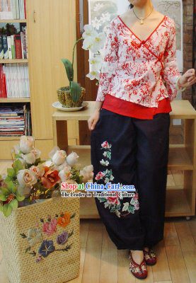 Chinese Classic Embroidered Large Peony Cotton and Flax Trousers