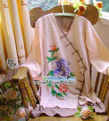 Chinese Classic Hand Painted Peony Cotton and Flax Mandarin Blouse