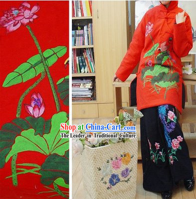 Chinese Classic Embroidered Large Lotus Cotton Winter Long Overcoat