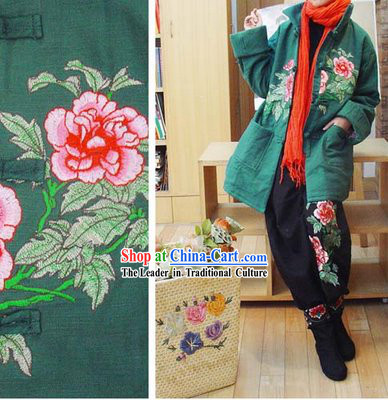 Chinese Classic Handmade Long Cotton Peony Warm Winter Overcoat