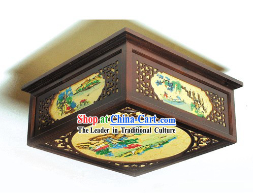 Traditional Chinese Hand Carved Natural Wood Palace Ceiling Lantern