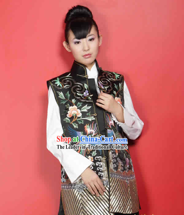 Stunning Supreme Chinese Mandarin All Hand Embroidery Phoenix Silk Cheongsam _black_