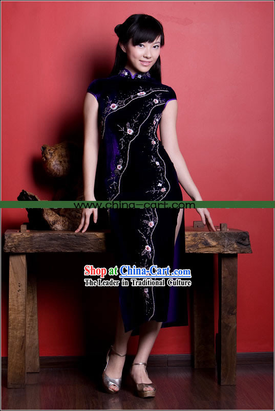 Supreme Chinese Stunning Plum Blossom Velour Long Cheongsam