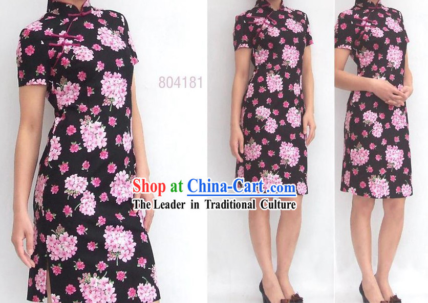 Chinese Traditional Large Pink Flower Cotton Cheongsam _Qipao_
