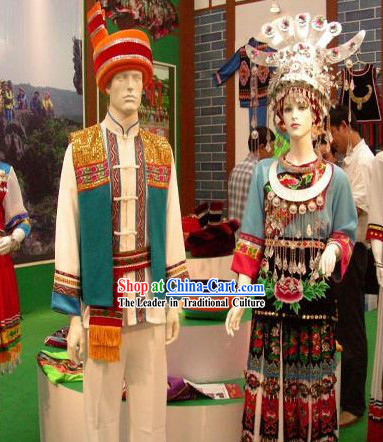 China Tu Minority Traditional Festival Celebration Clothing and Hat Complete Set for Men and Women