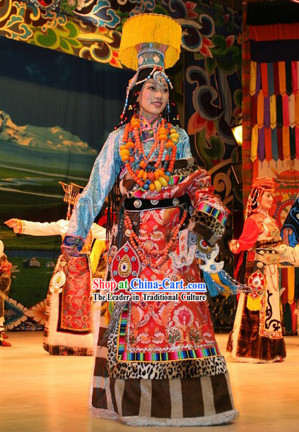 Chinese Traditional Minority Long Dress and Hat Complete Set