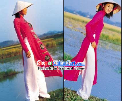 Vietnamese Traditional Ladies Long Cheongsam and Bamboo Hat