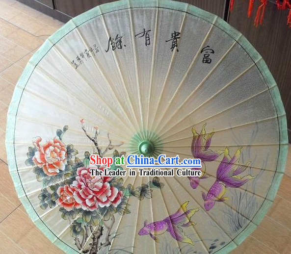 Chinese Painted Green Peony and Goldfish Umbrellas