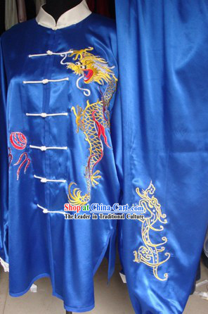 China Martial Arts Tai Chi Embroidered Dragon Blouse and Pants Complete Set for Men
