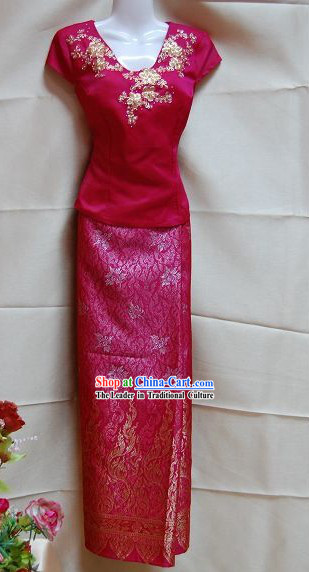 Traditional Thai Red National Costume Complete Set