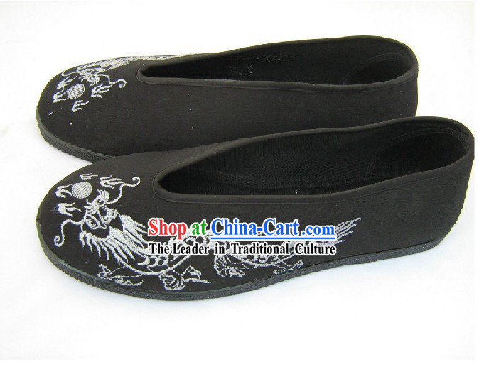 Chinese Hand Made Folk Dragon Black Cloth Shoes _ Men Dragon Shoes