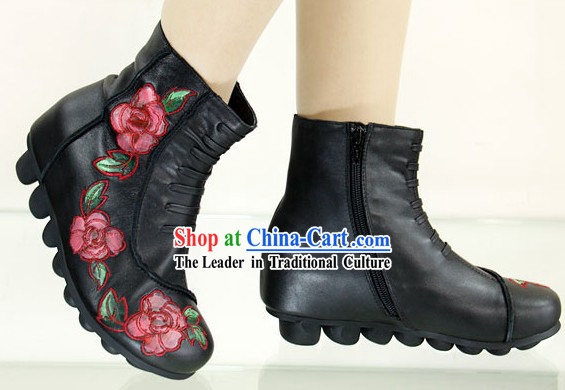 Chinese Sheepskin Embroidered Peony Boots