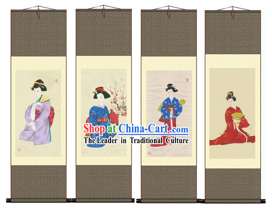 Chinese Silk Geisha Paintings 4 Sets