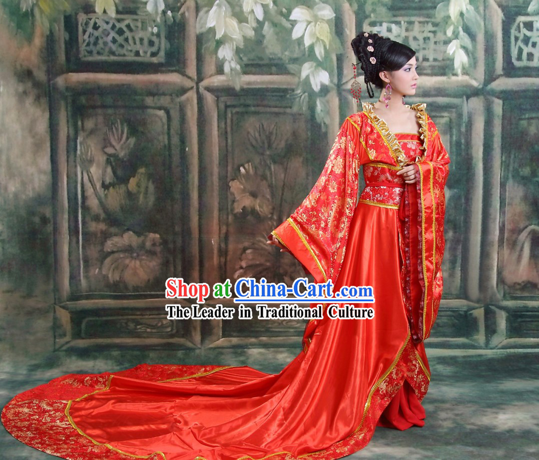 Ancient Chinese Long Tail Wedding Dress and Hair Accessories Complete Set