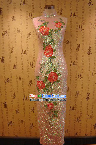 Traditional Handmade Shinning Flower Cheongsam