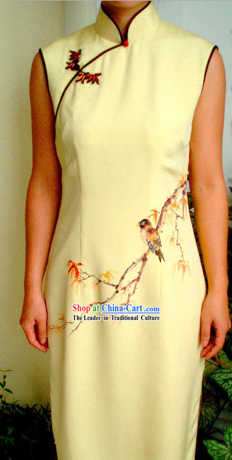 Traditional Mandarin Handmade and Painted Flower and Bird Silk Cheongsam