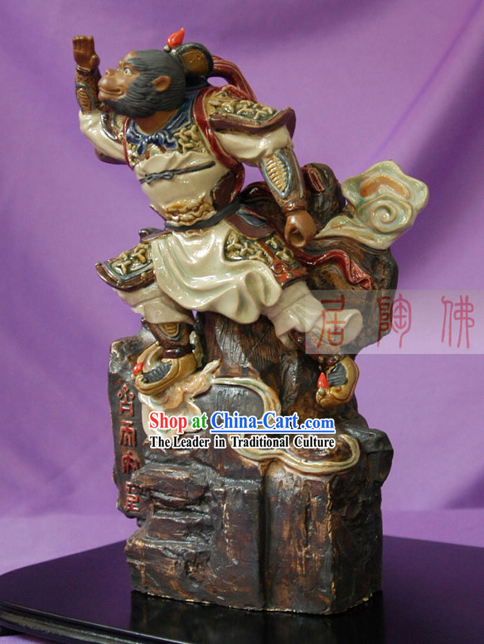 Shiwan Ceramic Monkey Sculpture _  Hand Carved Monkey King Statue