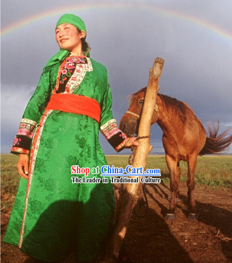 Traditional Mongolian Embroidered Clothing and Hat Complete Set