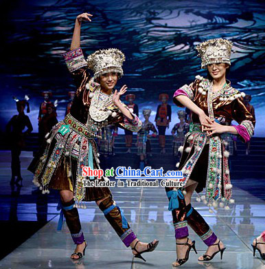 Chinese Classical Miao Costume and Miao Headdresses Set