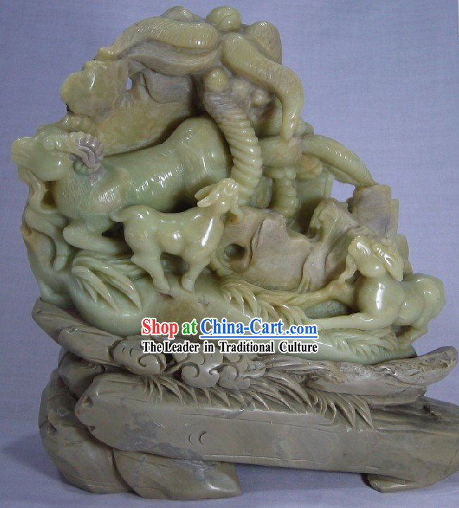 Natural Qingtian Jade Three Goats Bring Luck Sculpture