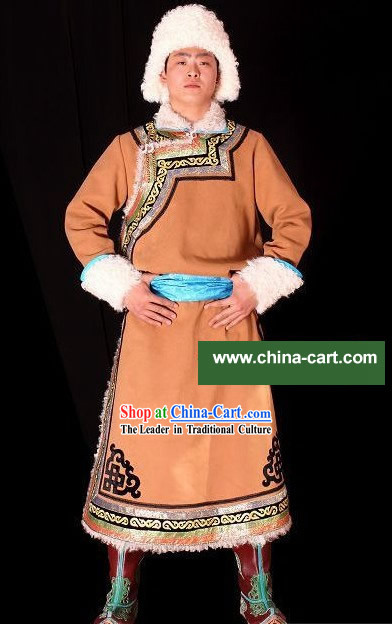 Traditional Mongolian Long Robe and Hat for Men