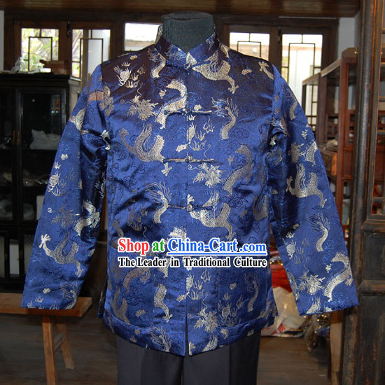 Chinese Classical Mandarin Handmade Silk Blouse for Men with Dragons Background