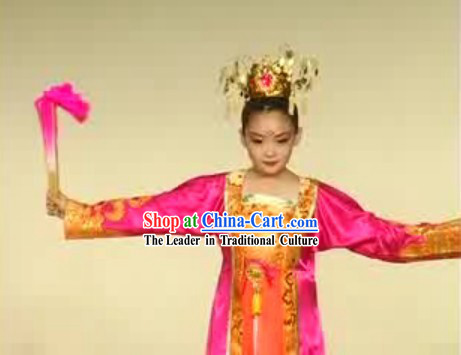 Chinese Children Fan Dance Costume Complete Set