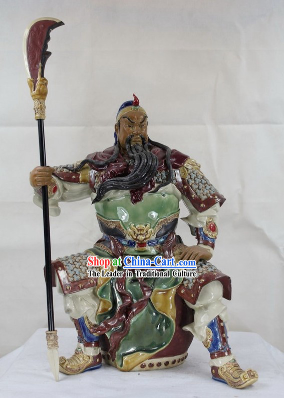 Guan Gong Sitting on Drum Shiwan Ceramic Figurine