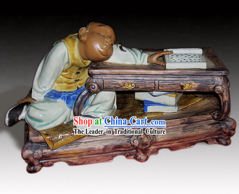 Sleeping Reader Chinese Shiwan Ceramic Figurine