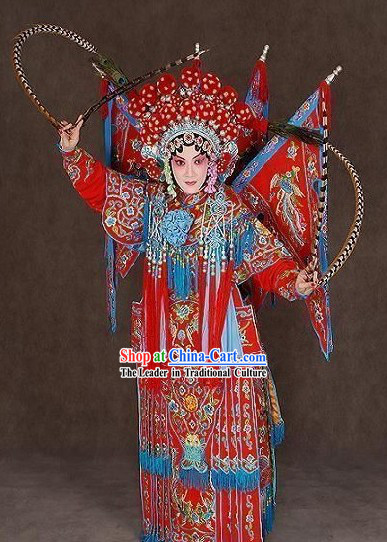 Beijing Opera Mu Guiying Armor Da Kao Costume and Hat Complete Set