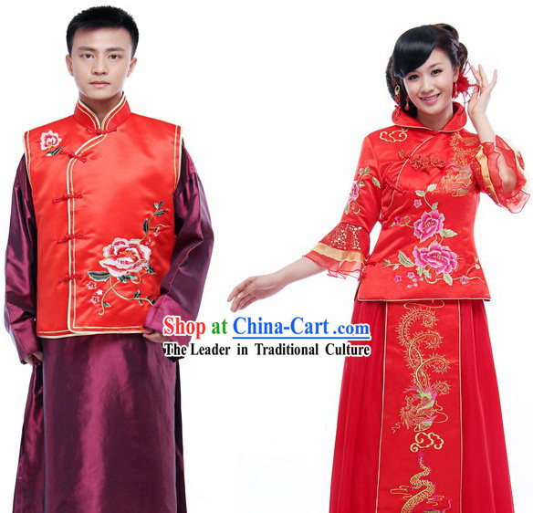 Traditional Chinese Mandarin Wedding Dress 2 Sets for Men and Women