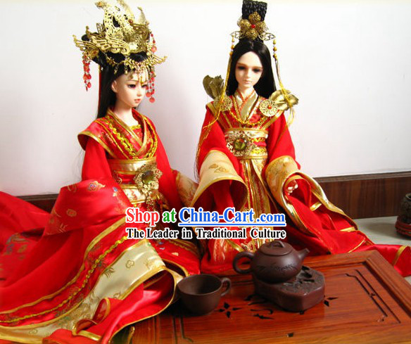 Ancient Chinese Wedding Dresses and Hair Accessories Two Complete Sets for Brides and Bridegrooms