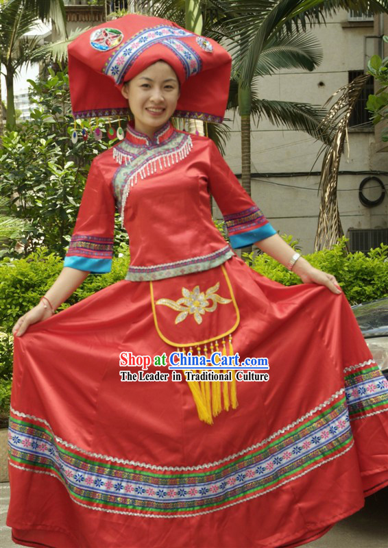 Traditional Chinese Zhuang Minority Clothing and Hat