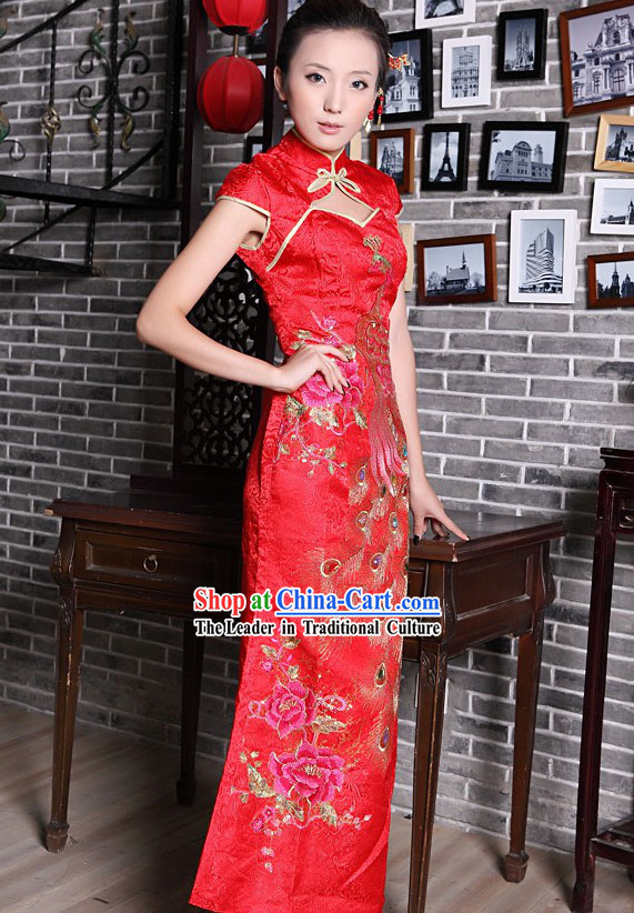 Lucky Red Chinese Wedding Phoenix Evening Dress