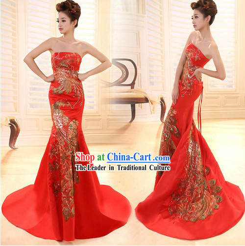 Traditional Chinese Long Phoenix Wedding Evening Dress with Tail