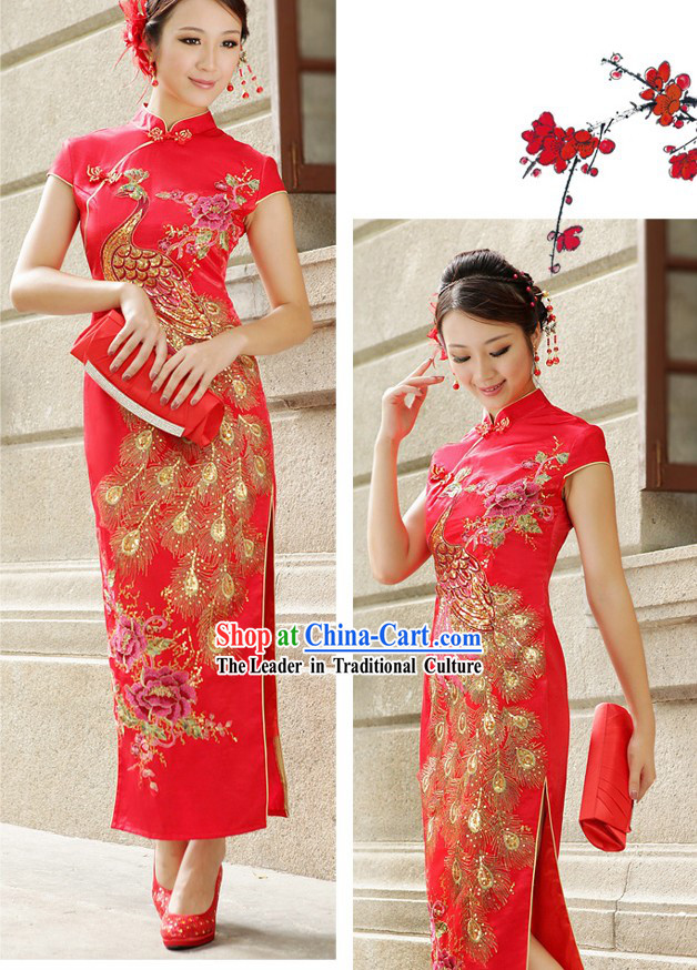 Chinese Classical Red Wedding Phoenix Qipao