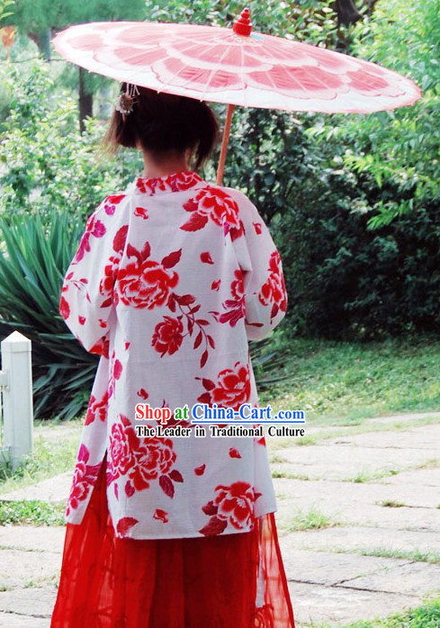 Ancient Chinese Red Flower Wedding Dress and Umbrella