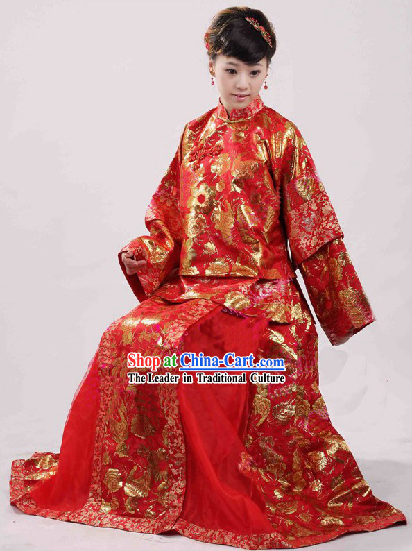 Chinese Classical Red Wedding Dress with Golden Flower