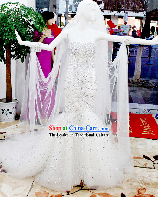 Romantic White Wedding Dress Bride Veil Complete Set for Brides