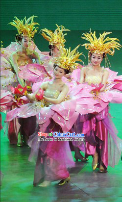 Chinese Color Transition Flower Opening Dance Costume and Hair Decoration Set