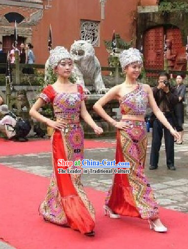 Chinese Tujia Minority Dress and Hat Set
