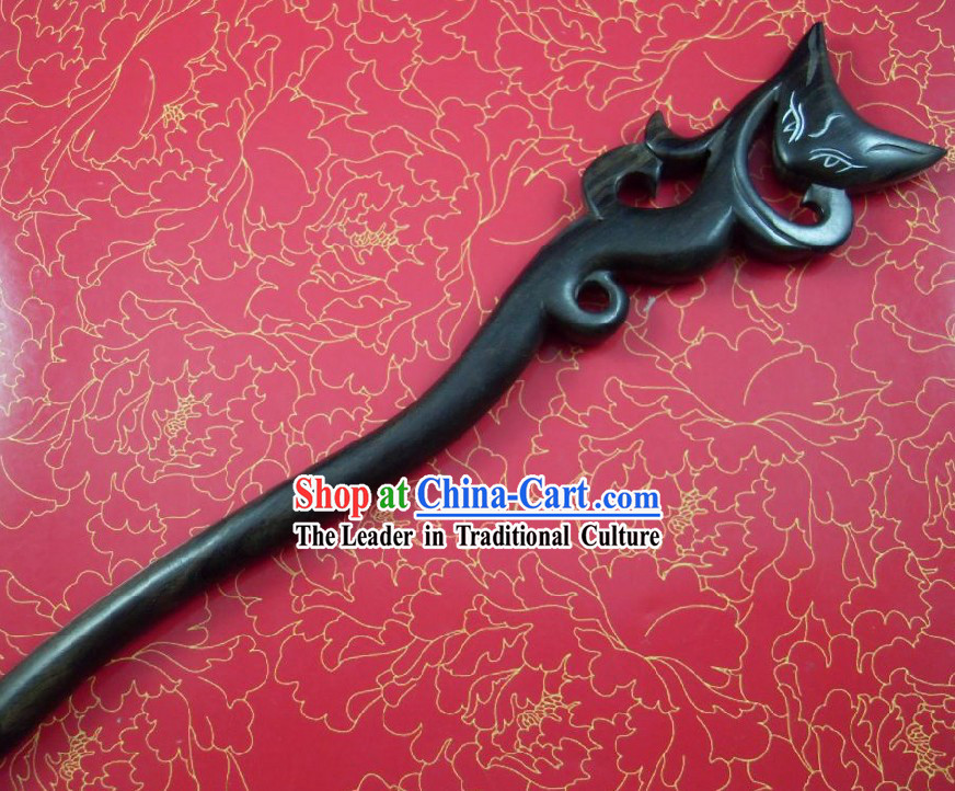 Chinese Hand Made Black Wood Cat Hairpin