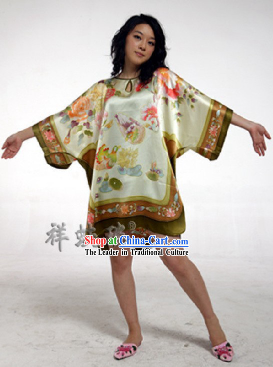Rui Fu Xiang Hand Painted Mandarin Ducks Silk Gown for Women