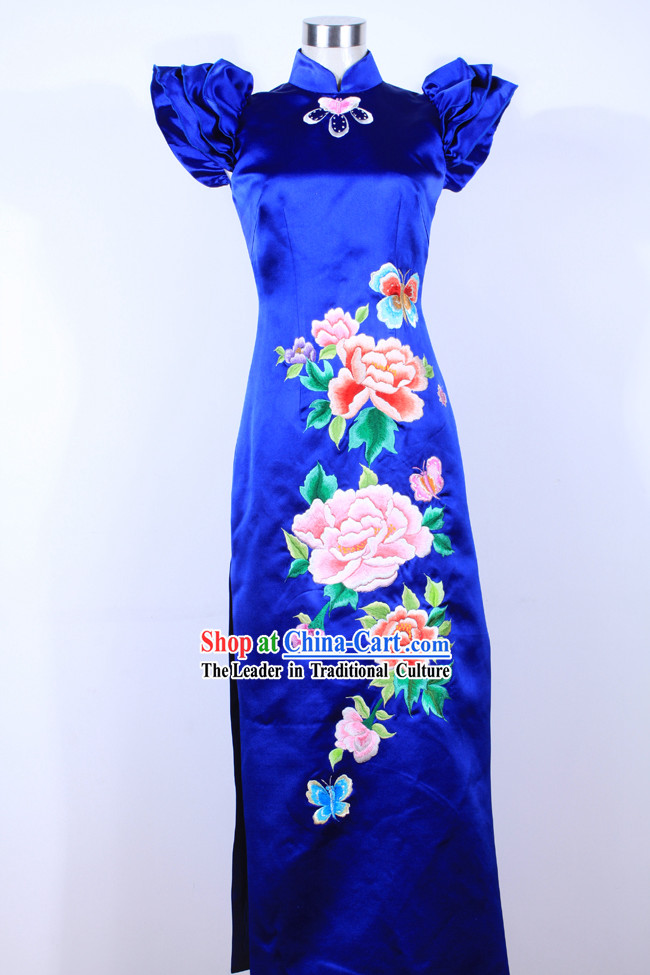 Chinese Blue Peony Silk Cheongsam Qipao