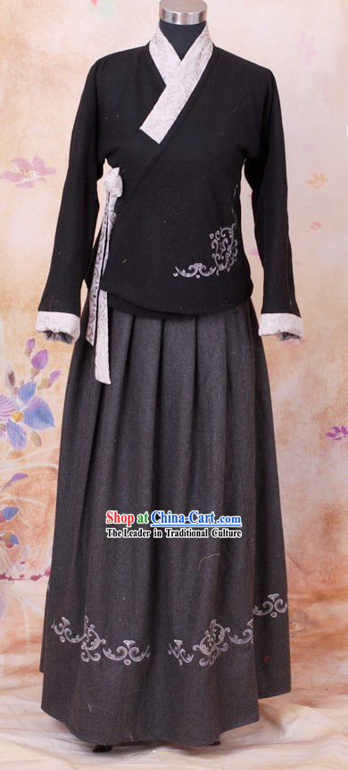 Black Han Fu Winter Jacket and Skirt Complete Set