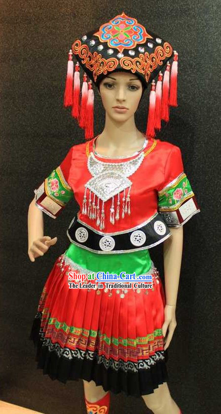 Chinese Folk Tribe Dance Costumes and Hat