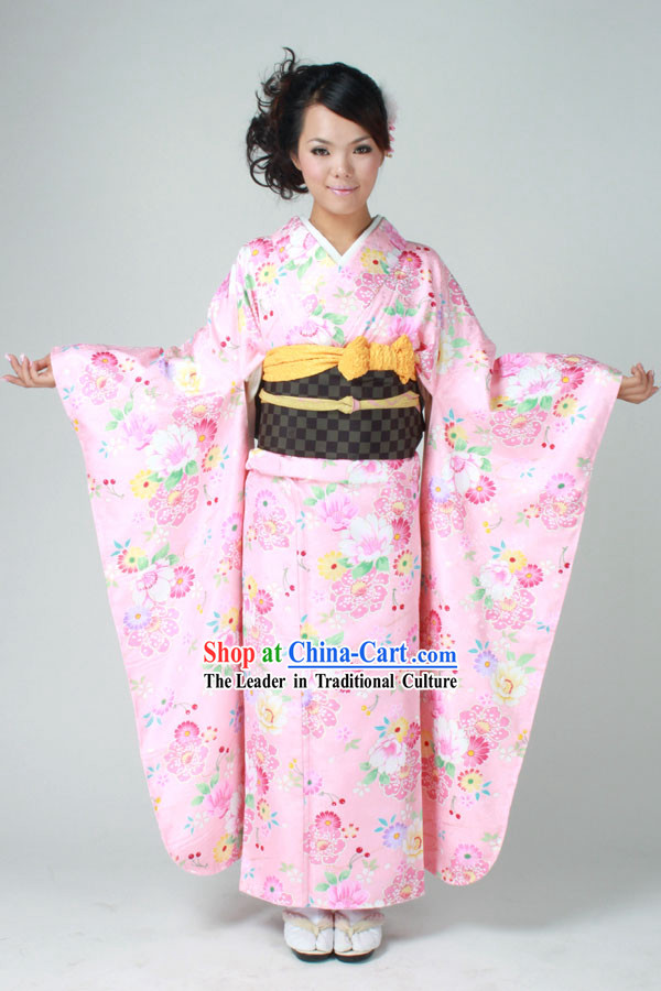 Traditional Japanese Pink Furisode Kimono Dress Obi and Geta Sandal Complete Set for Women